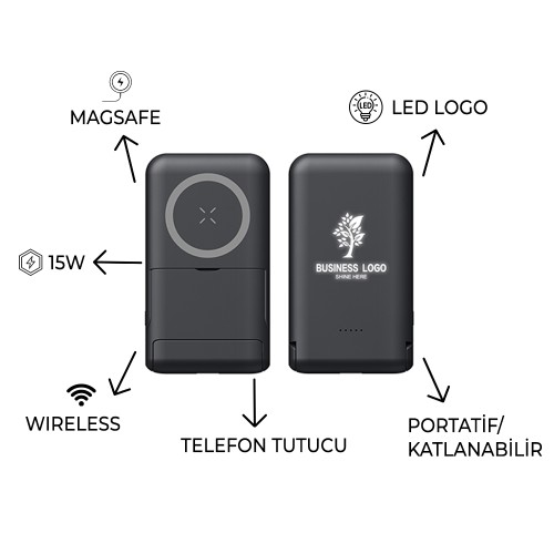 EccoTech 15W Magsafe + Wireless Powerbank + Rubber Gövde + Led Logo + Telefon Tutucu